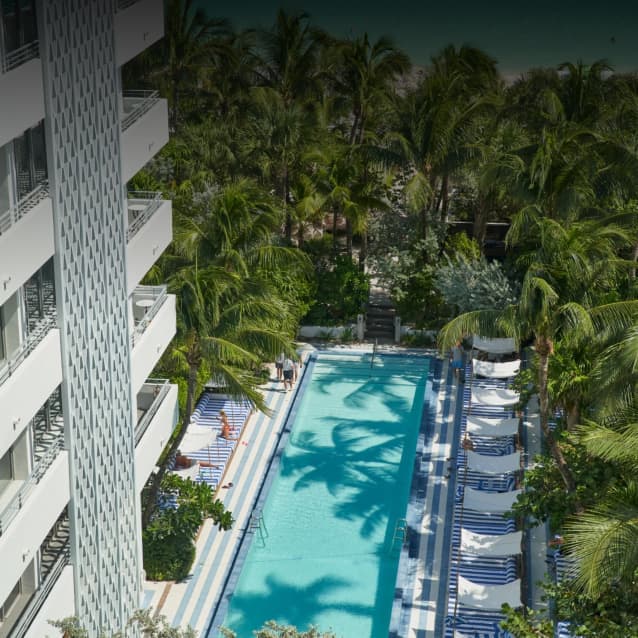 Aerial view of a long outdoor pool with striped blue and white lounge chairs, surrounded by tall palm trees and adjacent to a modern white building