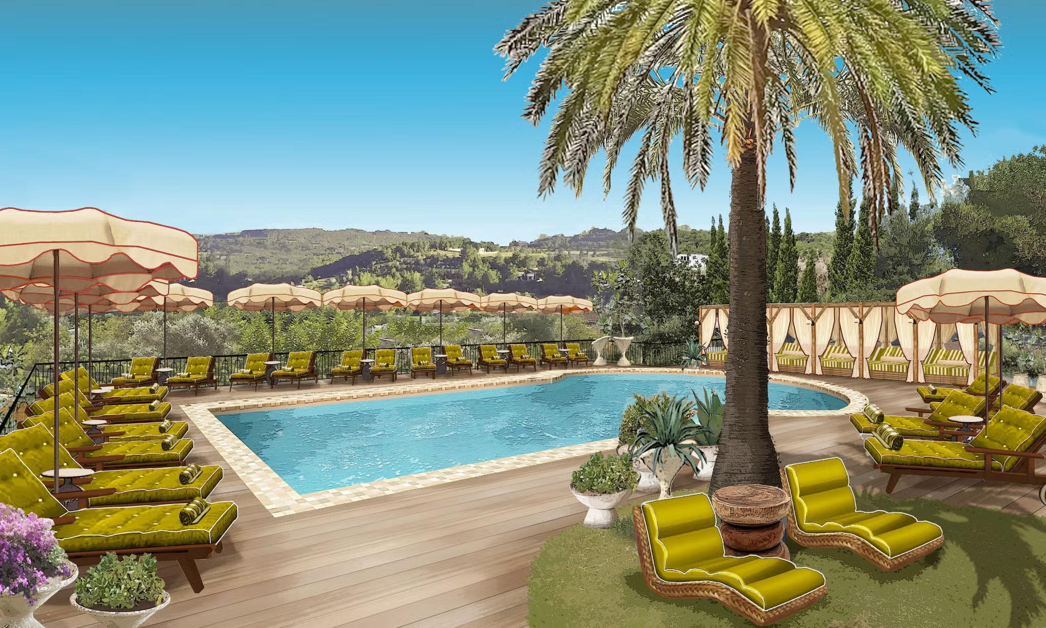 Rendered image of green sun loungers surrounding an outdoor swimming pool. In the background there are olive trees and umbrellas